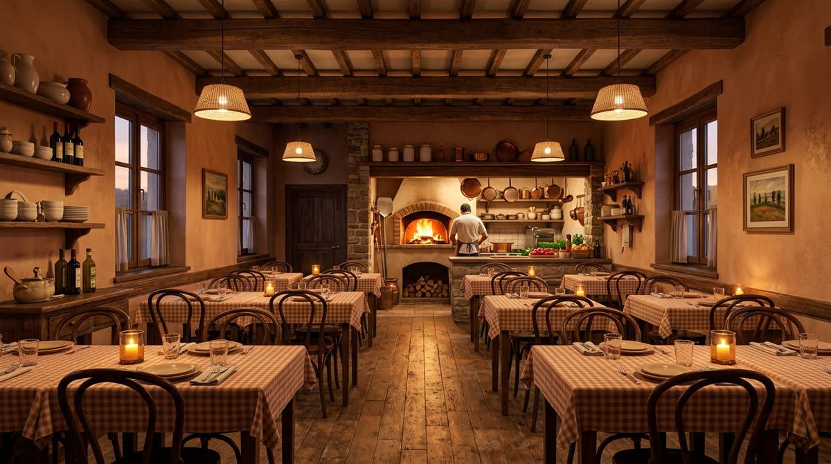 A warm rustic dining room with small wooden tables and a glowing kitchen pass behind.