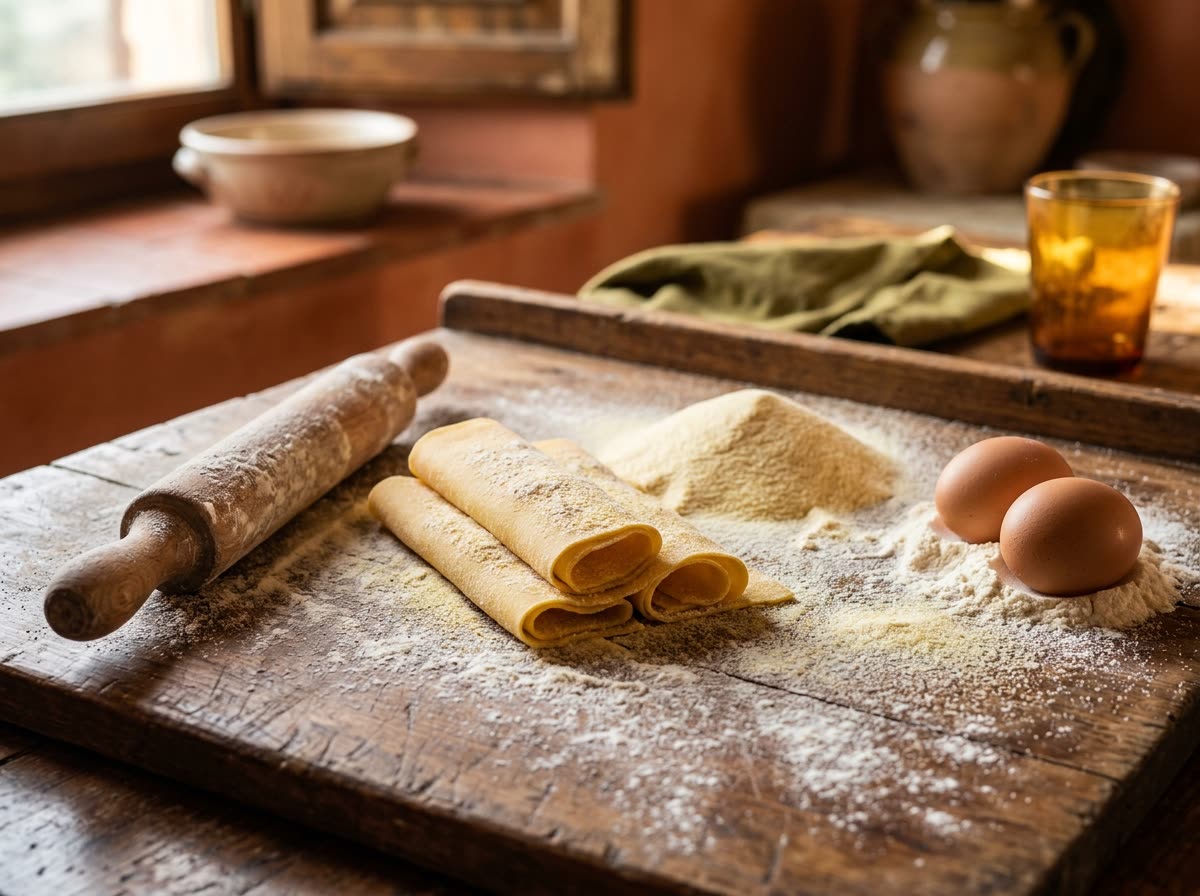 Sheets of fresh pasta, a rolling pin and eggs on a flour-dusted wooden board.