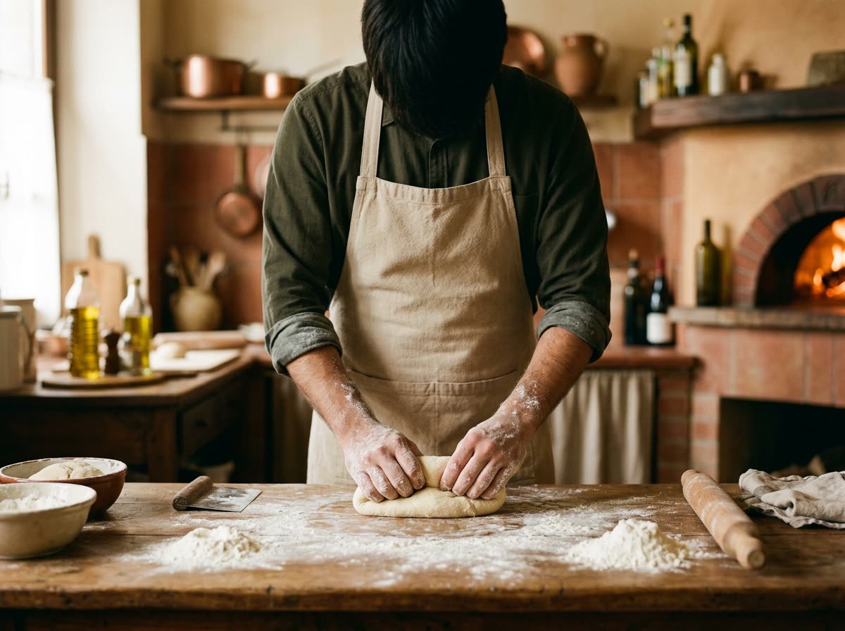 A cook in an apron folds dough at a wooden bench, seen from behind.