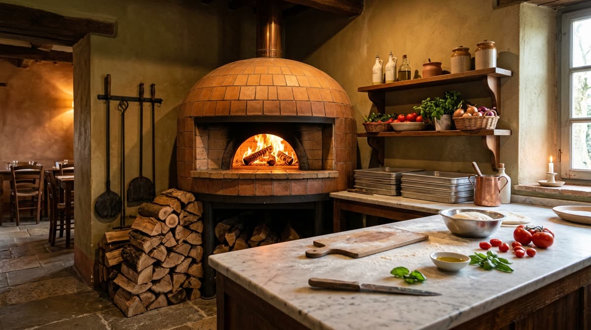 A tiled counter area in front of a glowing domed wood-fired oven with stacked wood.