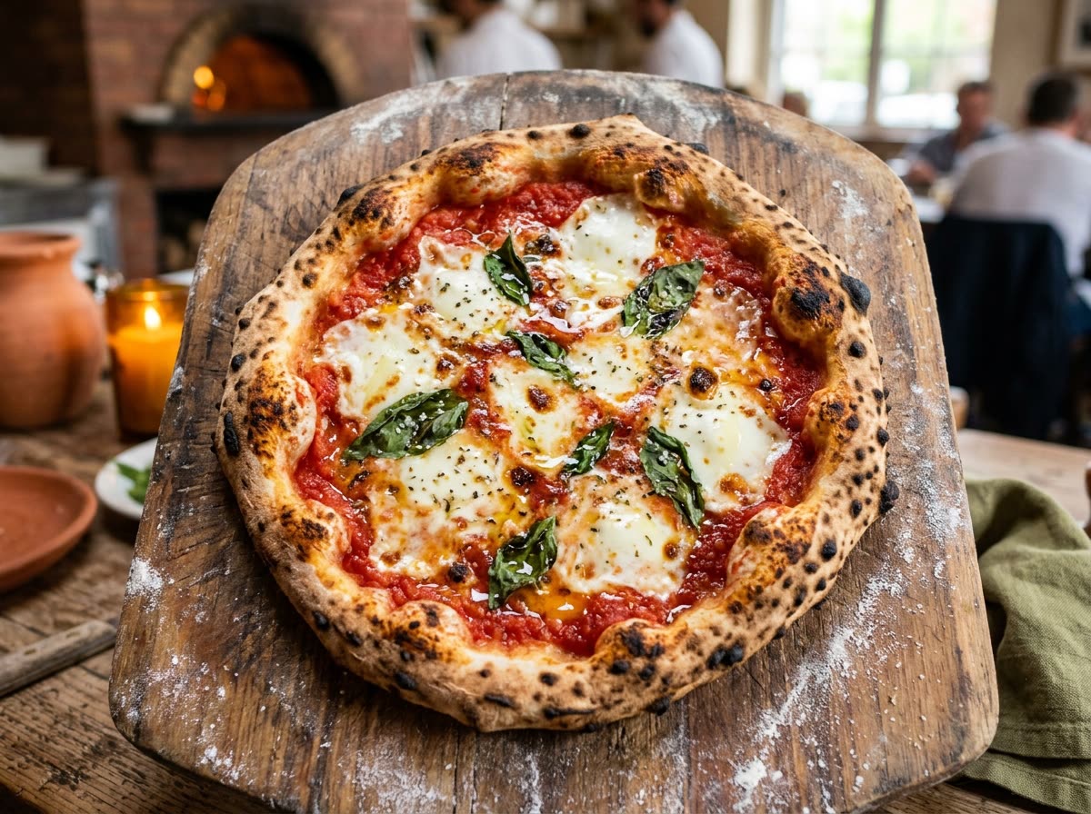 Overhead view of a blistered margherita pizza with torn basil on a wooden peel.