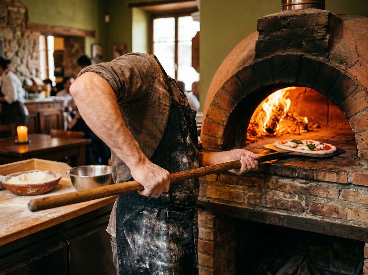 From behind, a pizza maker slides a peel into the mouth of a wood-fired oven.