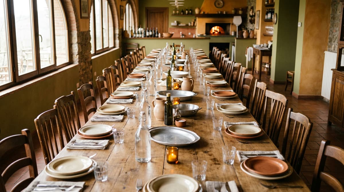 A long wooden table set for a big group with shared platters down the center.