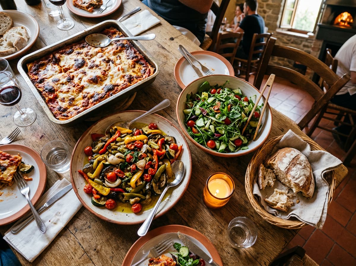Overhead view of large platters of baked pasta, roasted vegetables and bread.
