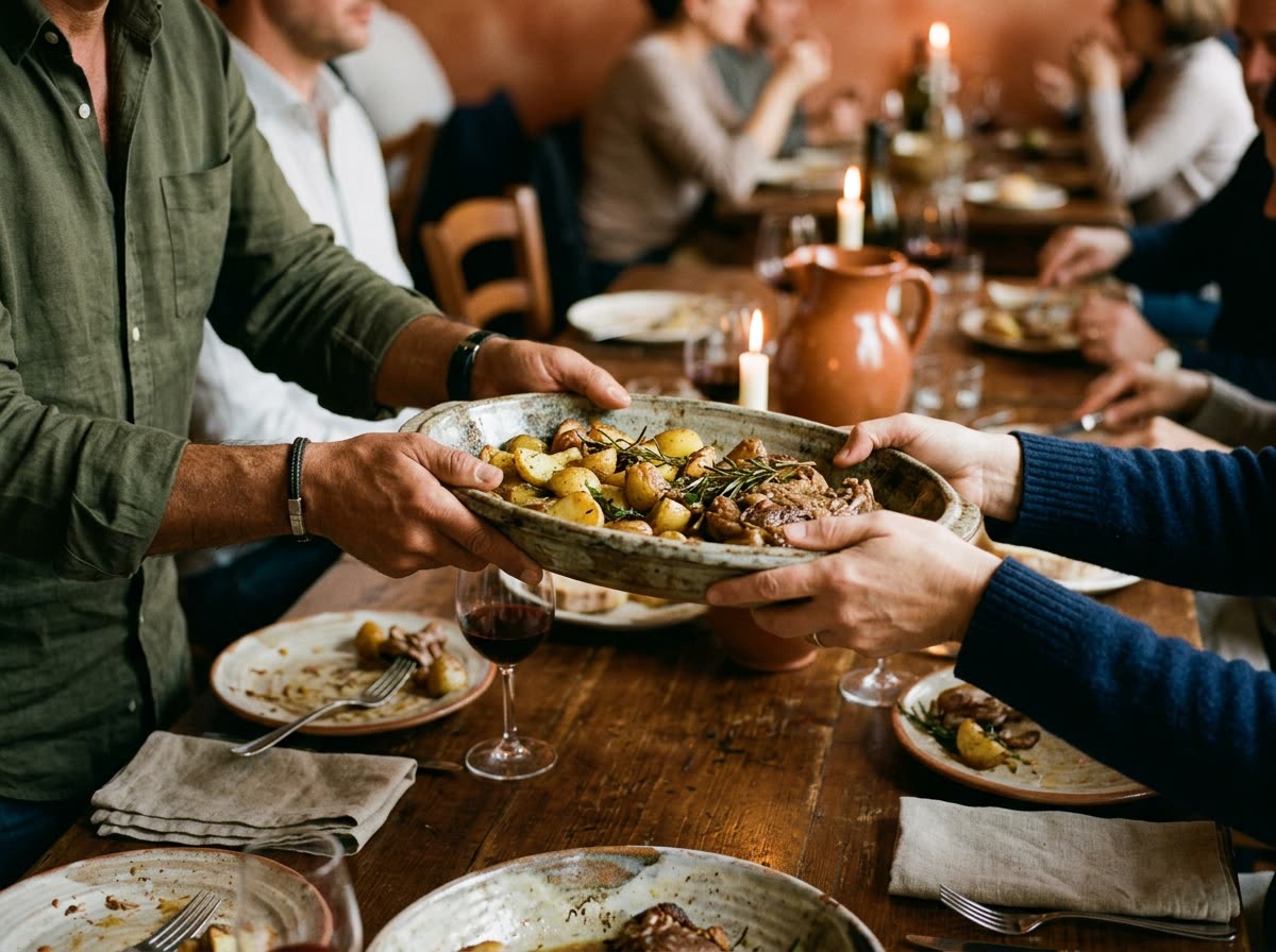 Two pairs of hands pass a heavy serving platter across a crowded table.