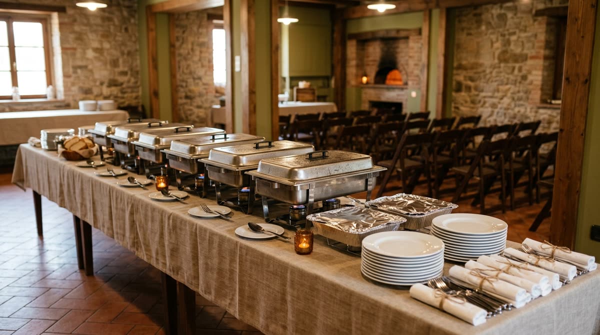 A banquet table lined with covered chafing dishes and foil trays in a plain room.