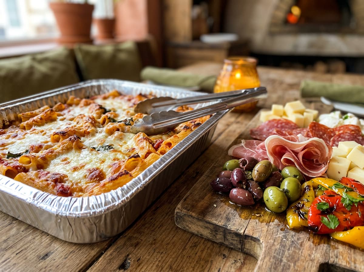 Close view of a full catering tray of baked pasta beside olives, meats and cheese.