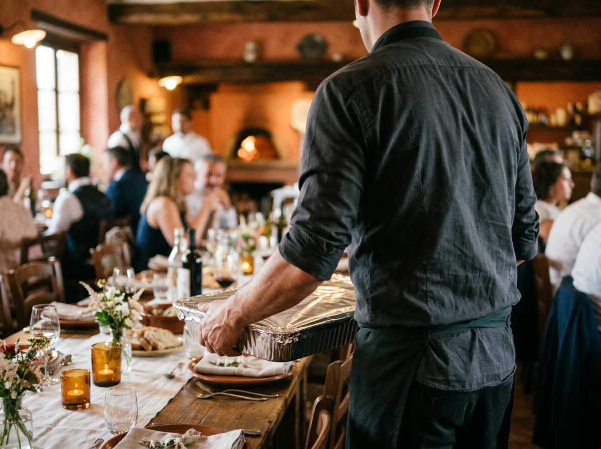 A server seen from behind lifts a covered catering tray onto a banquet table.