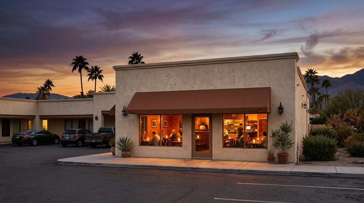 A small neighborhood restaurant exterior at dusk with warm windows and blank awning.