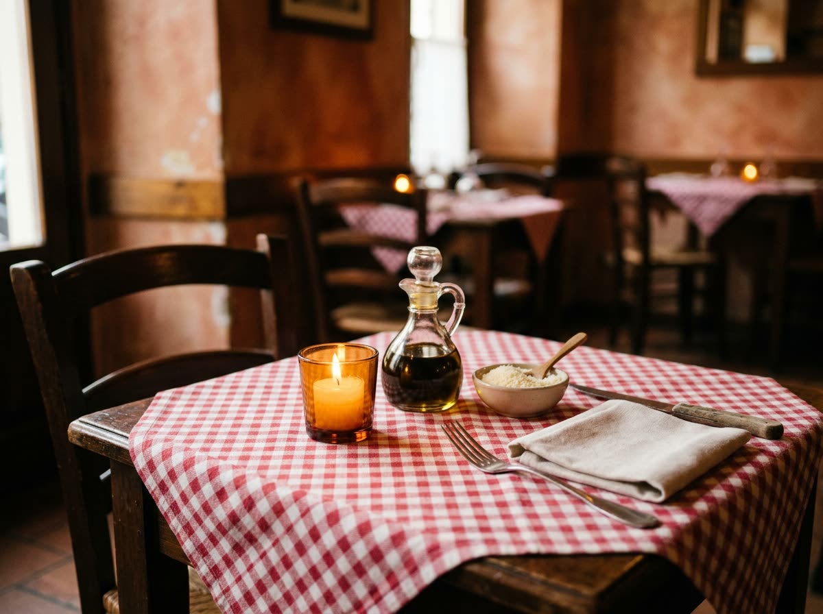 A two-person table with a checked cloth, oil cruet, cheese bowl and lit candle.