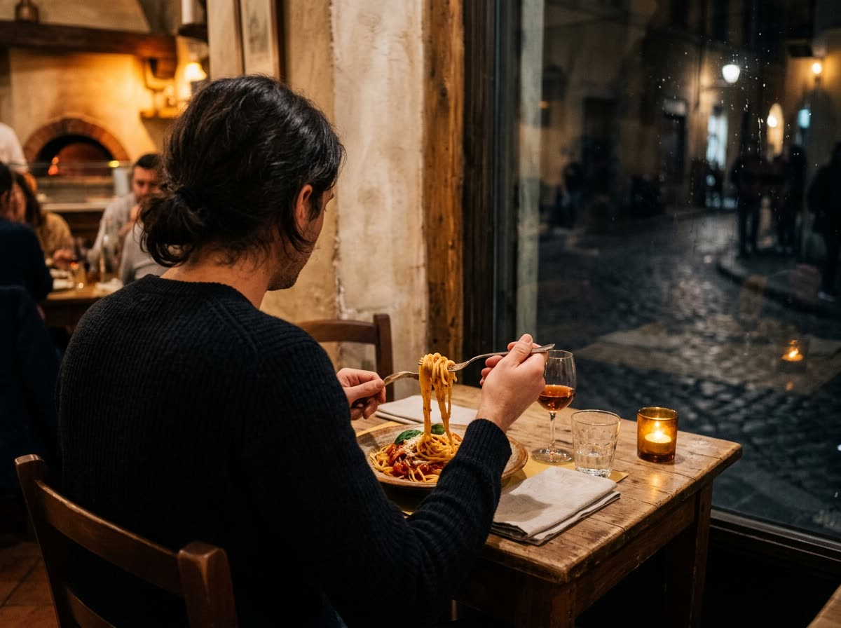 A diner seated by a window twirls pasta on a fork, photographed from behind.
