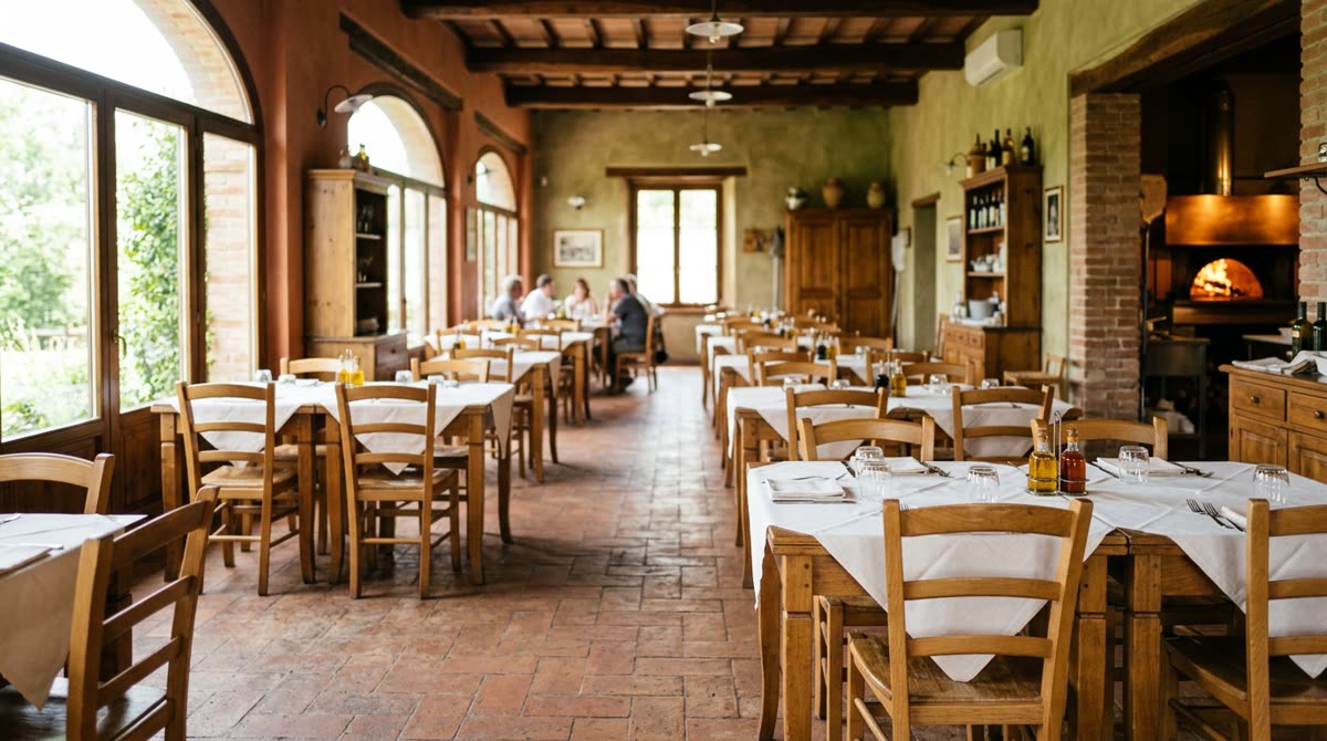 A bright dining room at midday with sunlight falling across a few set tables.