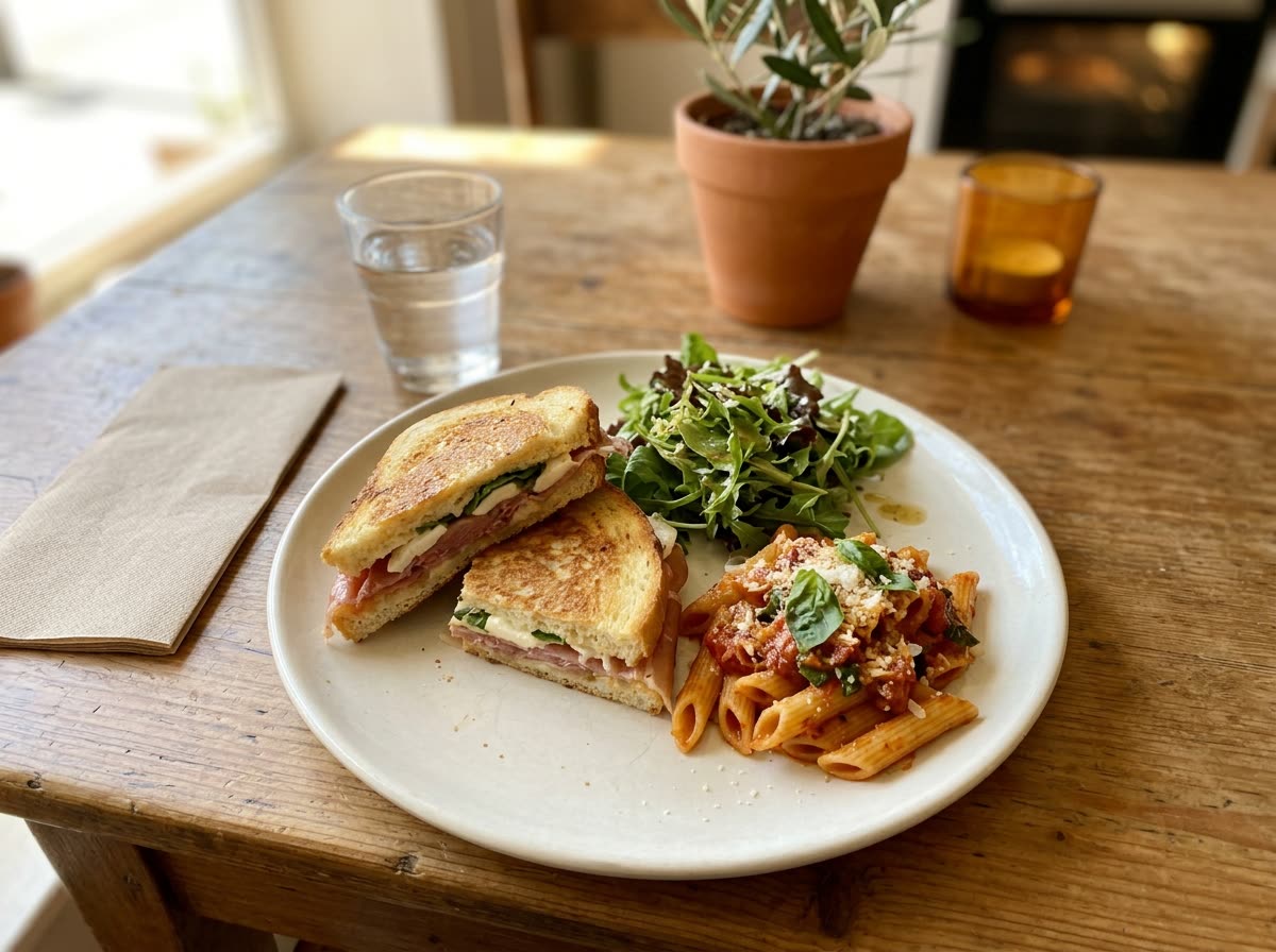 Overhead view of a lunch plate with half a panino, a small salad and pasta.
