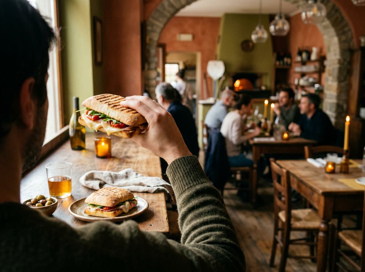 Seen over the shoulder, a person lifts half a pressed sandwich at a counter seat.