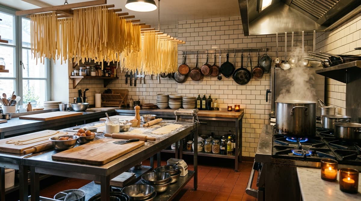 A stainless prep kitchen with racks of fresh pasta drying and pots on the range.