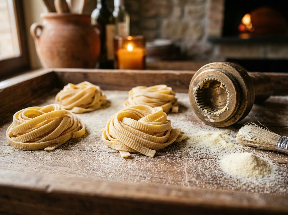 Nests of fresh ribbon pasta dusted with semolina on a wooden tray.