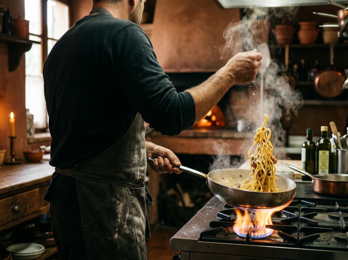 A cook tosses pasta in a saute pan over a flame, seen from behind.