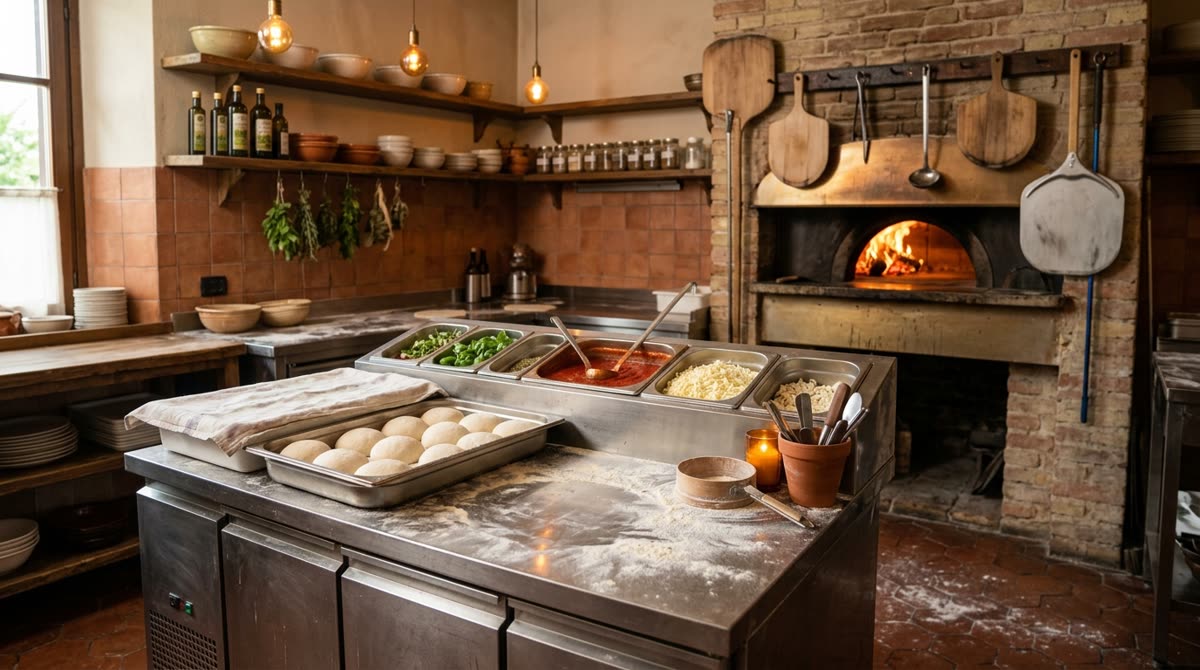 A pizza kitchen with a prep counter, trays of dough balls and an oven behind.