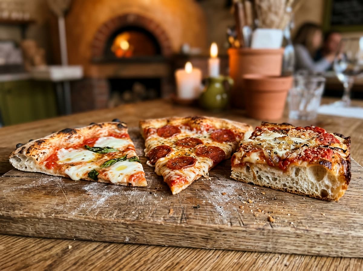 Three pizza styles on a board: a thin wedge, a wide slice and a thick square.