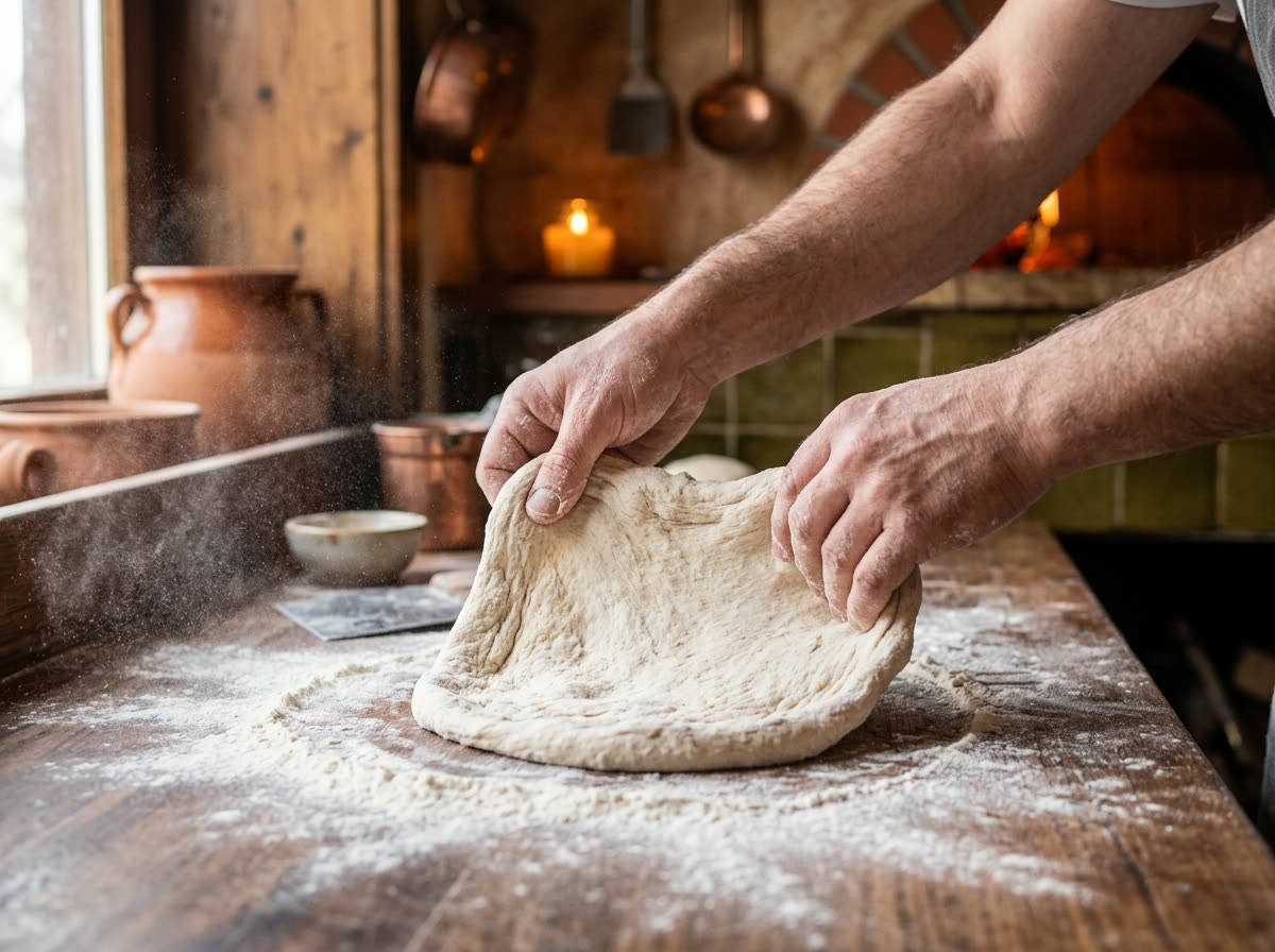Two hands stretch a ball of dough on a floured counter, cropped at the forearms.