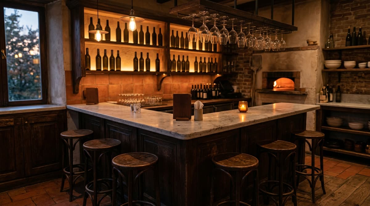A small wine bar corner with a marble counter, stools and backlit shelves of bottles.