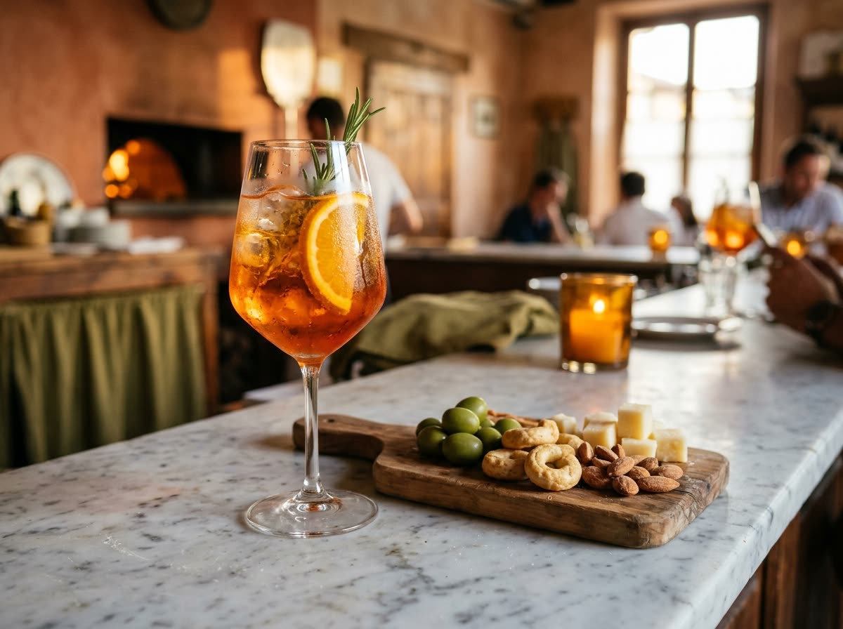 A spritz in a stemmed glass with an orange slice beside a board of olives and cheese.