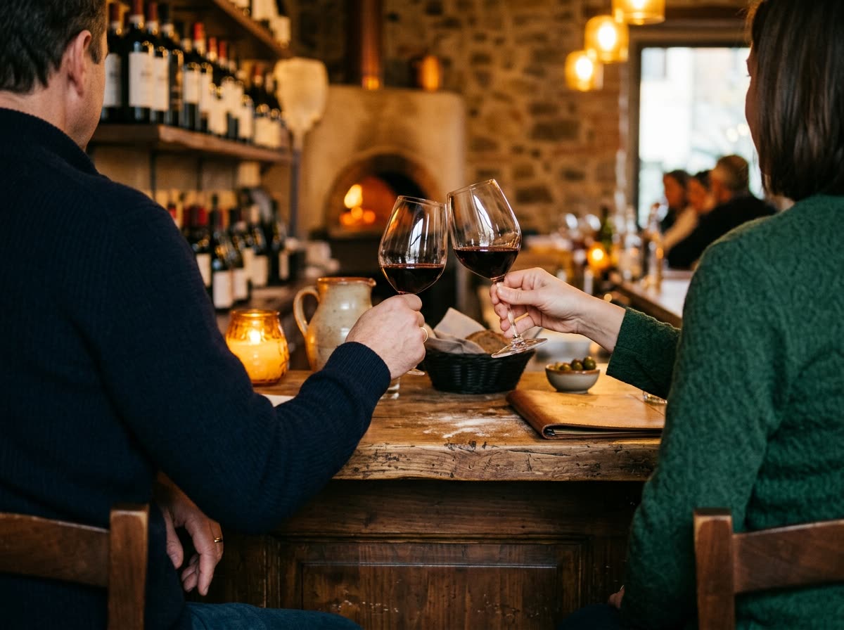 Two people at a bar counter seen from behind, holding wine glasses.